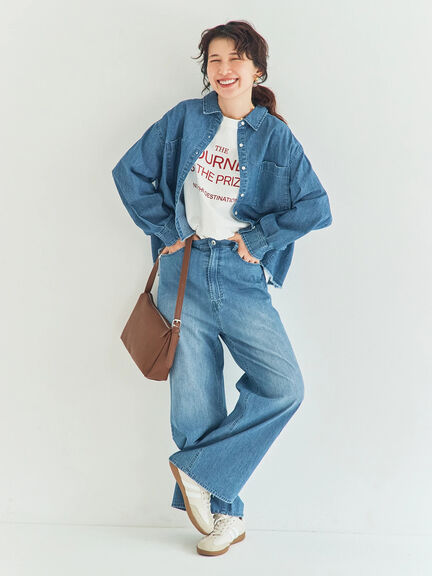セール】 デニムストレートパンツ（チャコールグレー/サックスブルー
