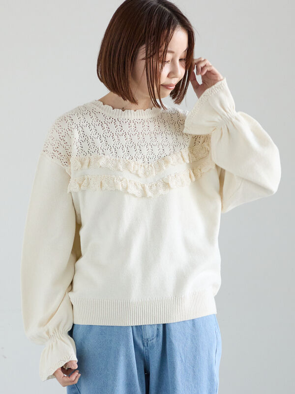 透かし柄切替レースニット（オフホワイト）｜Samansa Mos2（サマンサ モスモス）通販
