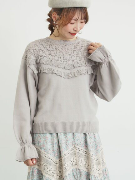 透かし柄切替レースニット（オフホワイト/グレー/ダークブラウン）｜Samansa Mos2（サマンサ モスモス）通販