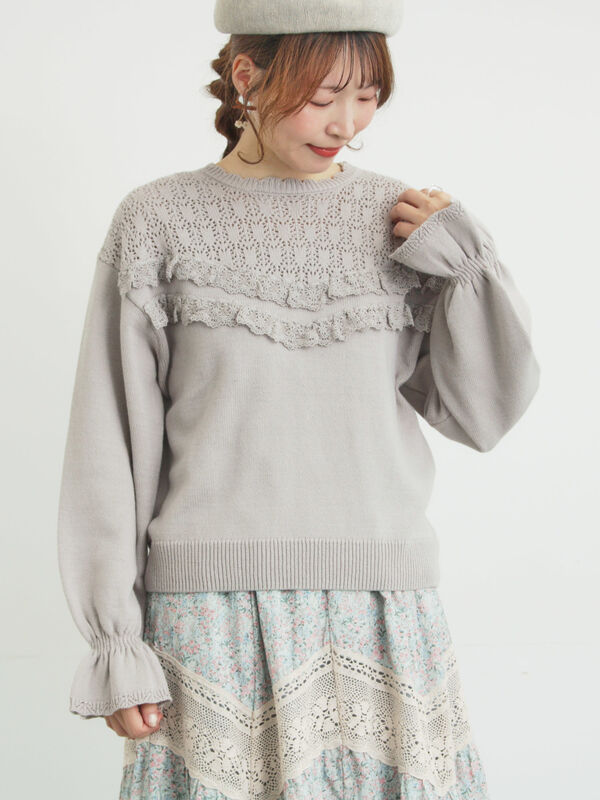セール】 透かし柄切替レースニット（オフホワイト/グレー/ダーク