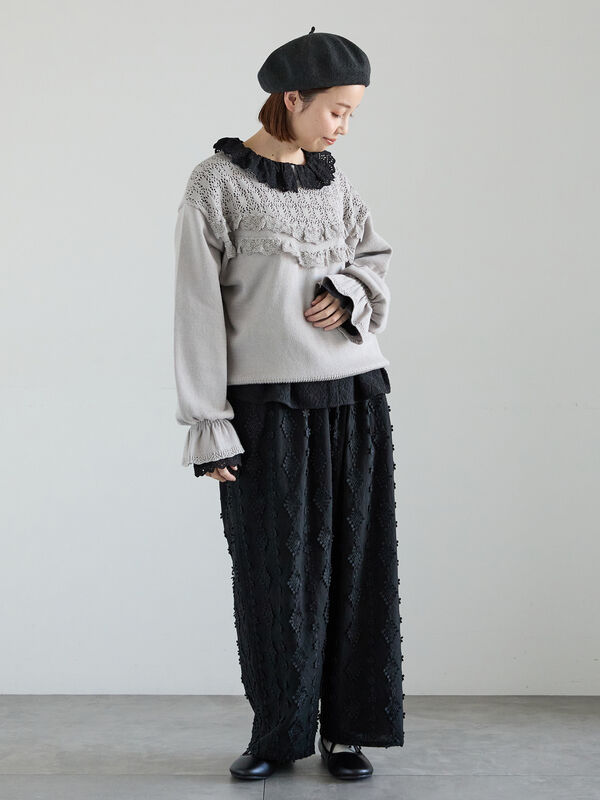 セール】 透かし柄切替レースニット（オフホワイト/グレー/ダーク