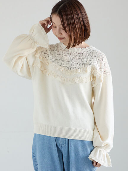 透かし柄切替レースニット（オフホワイト/グレー/ダークブラウン）｜Samansa Mos2（サマンサ モスモス）通販