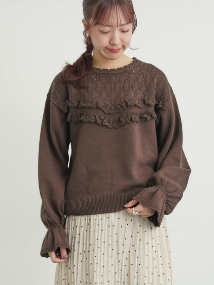 透かし柄切替レースニット（オフホワイト/グレー/ダークブラウン）｜Samansa Mos2（サマンサ モスモス）通販