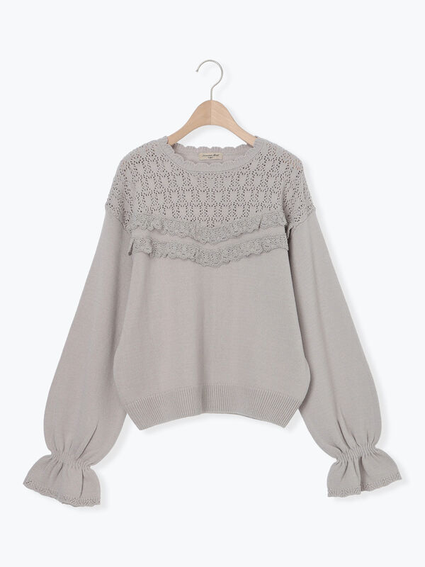セール】 透かし柄切替レースニット（オフホワイト/グレー/ダーク