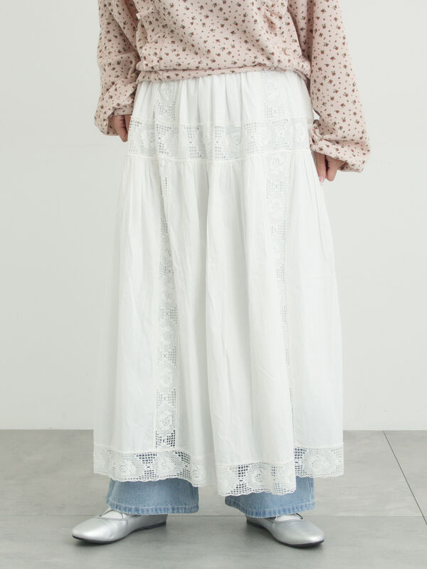 ローズ柄レースギャザースカート（オフホワイト/ブラック/ピンク