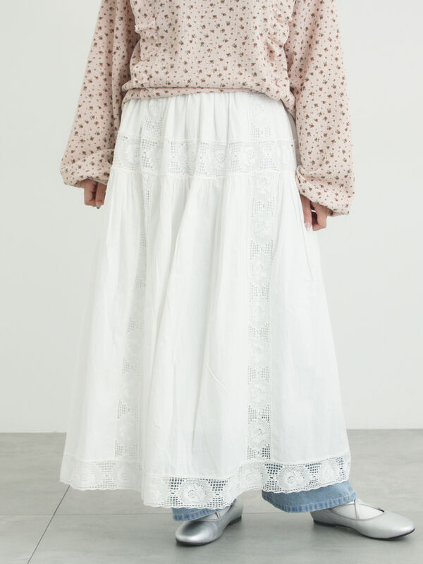 ローズ柄レースギャザースカート（オフホワイト/ブラック/ピンク