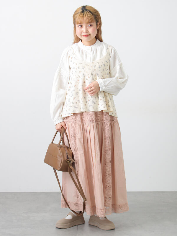 ローズ柄レースギャザースカート（オフホワイト/ブラック/ピンク