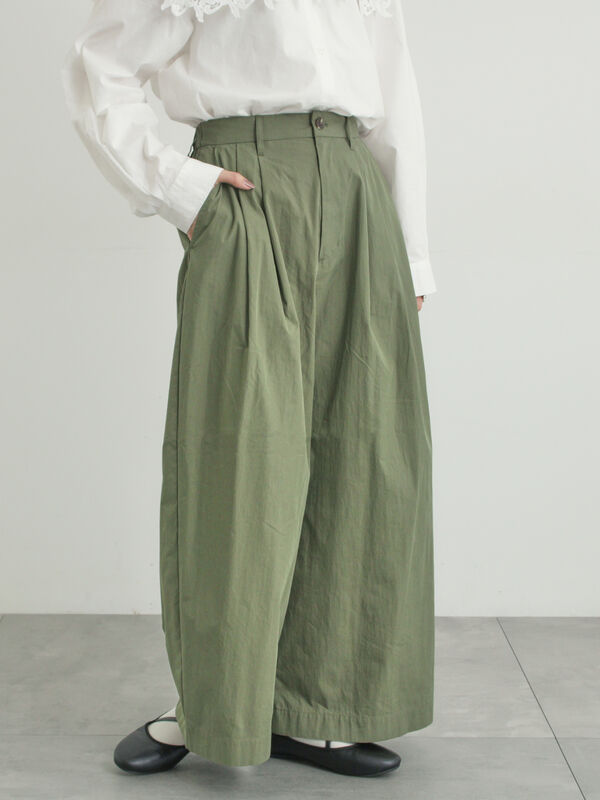 綿ナイロンワイドパンツ（ベージュ/カーキ/ネイビー/ボトムス/パンツ