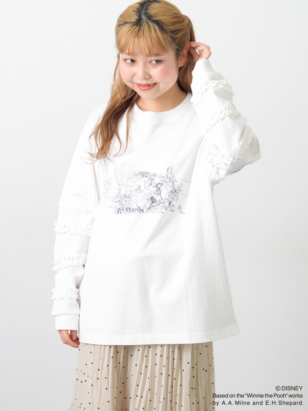 プーさん様　トップス　white サイズs Disney】くまのプーさん袖フリルロンT（オフホワイト/チャコールグレー