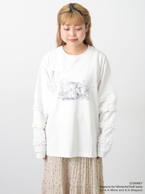プーさん様　トップス　white サイズs Disney】くまのプーさん袖フリルロンT（オフホワイト/チャコールグレー
