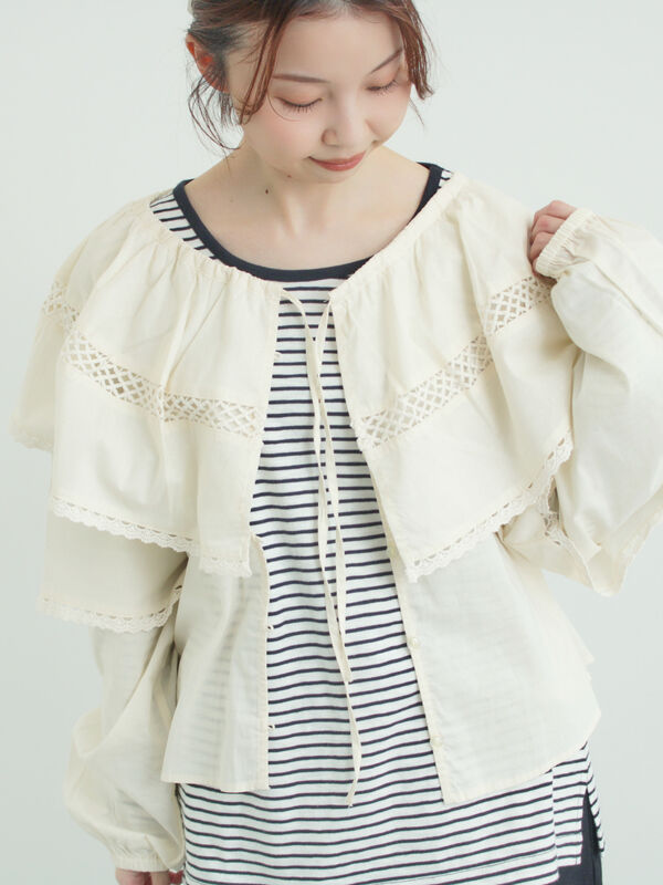 rily Vintage スワンボレロブラウス レース 刺繍 フリル 1点もの ワンポイントレースフリルブラウス | Rlab store