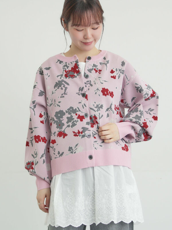 花柄スポンディッシュニットカーディガン（グレー/ピンク/ライト