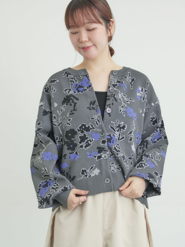 花柄スポンディッシュニットカーディガン（グレー/ピンク/ライト