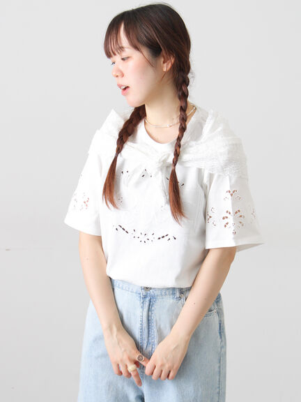 三角ストール付カットワーク刺繍Tシャツ（オフホワイト/グレー/チャコールグレー）｜Samansa Mos2（サマンサ モスモス）通販