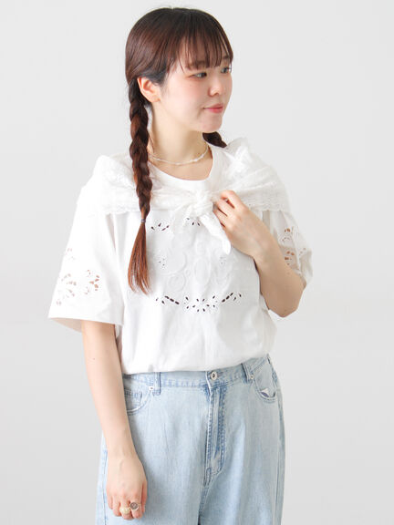 三角ストール付カットワーク刺繍Tシャツ（オフホワイト/グレー/チャコールグレー）｜Samansa Mos2（サマンサ モスモス）通販