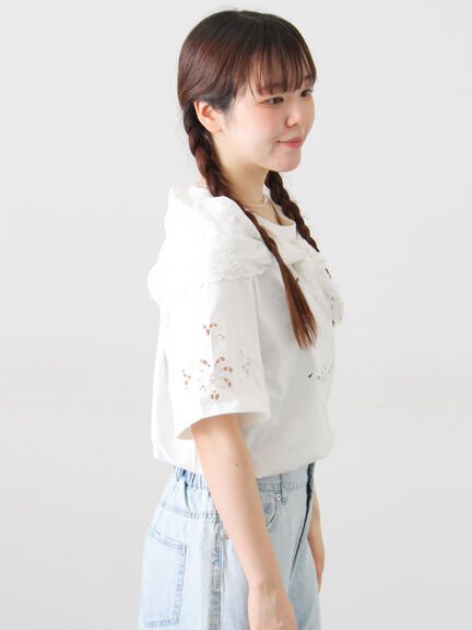 三角ストール付カットワーク刺繍Tシャツ（オフホワイト/グレー/チャコールグレー）｜Samansa Mos2（サマンサ モスモス）通販