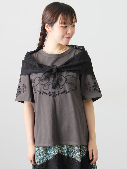 三角ストール付カットワーク刺繍Tシャツ（オフホワイト/グレー/チャコールグレー）｜Samansa Mos2（サマンサ モスモス）通販