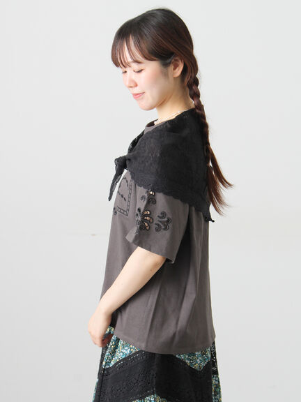 三角ストール付カットワーク刺繍Tシャツ（オフホワイト/グレー/チャコールグレー）｜Samansa Mos2（サマンサ モスモス）通販