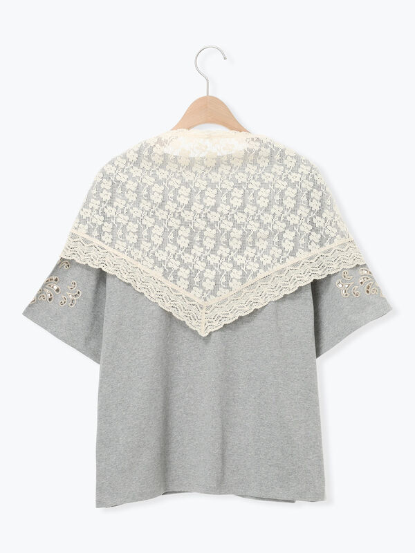 三角ストール付カットワーク刺繍Tシャツ（オフホワイト/グレー