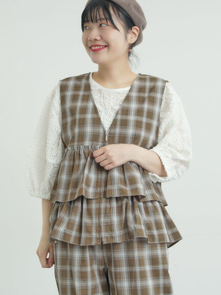 (セットアップ可)フリルジップベスト（ブラック/ベージュ/チェック）｜Samansa Mos2（サマンサ モスモス）通販