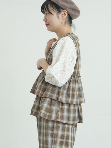 (セットアップ可)フリルジップベスト（ブラック/ベージュ/チェック）｜Samansa Mos2（サマンサ モスモス）通販