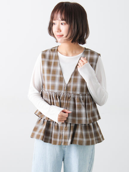 (セットアップ可)フリルジップベスト（ブラック/ベージュ/チェック）｜Samansa Mos2（サマンサ モスモス）通販
