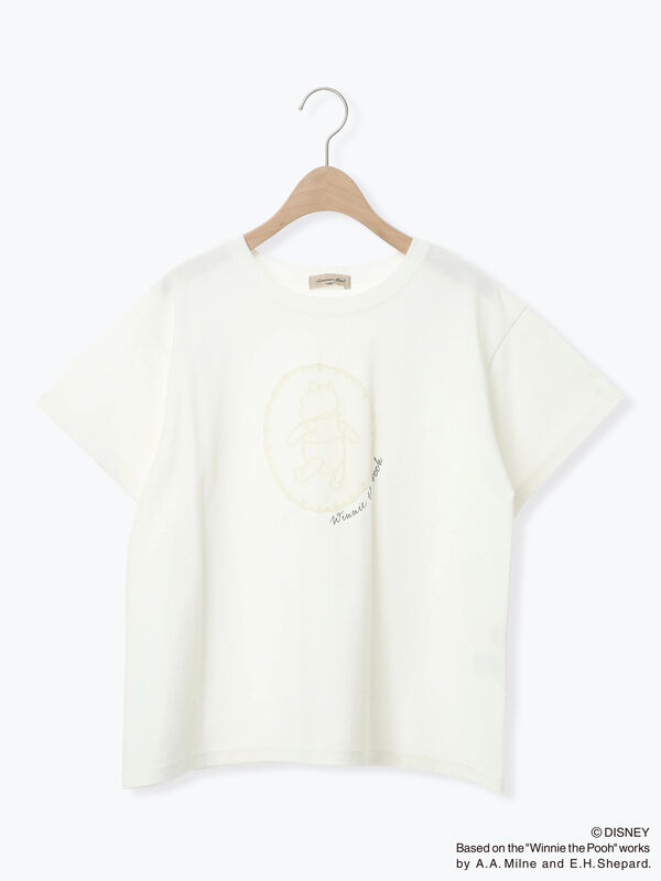 Disney】くまのプーさんレースモチーフTシャツ（オフホワイト/ブラック