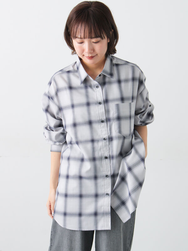 グレーチェックシャツ ツイル ソフト オンブレ チェック シャツ
