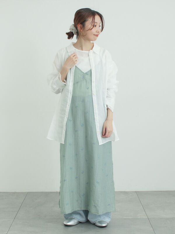 シアー楊柳刺繍キャミソールワンピース（オフホワイト/ブラック/ミント