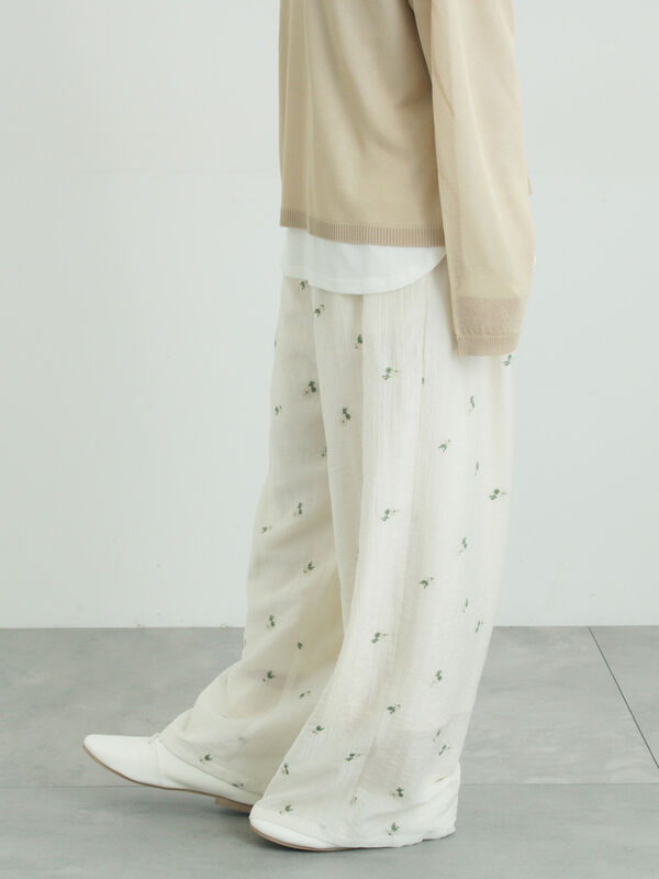 美品25SS ENCOMING サマー ツイード イージー パンツ 822P▲ シアー楊柳刺繍イージーパンツ（オフホワイト/ブラック/ミント