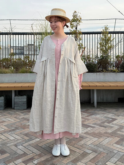 立川店/EC限定】リネンフラップコートワンピース（ネイビー/キナリ