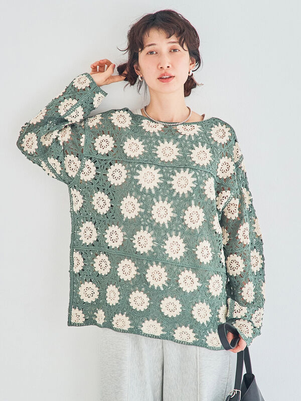 モチーフ編みニットプルオーバー（オフホワイト/ブラック/ミント/キナリ）｜Samansa Mos2（サマンサ モスモス）通販