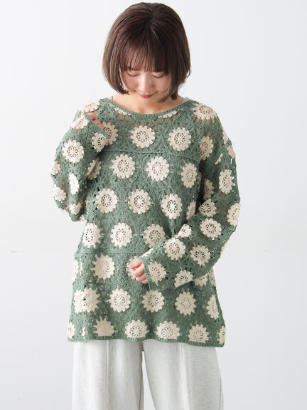 モチーフ編みニットプルオーバー（オフホワイト/ブラック/ミント/キナリ）｜Samansa Mos2（サマンサ モスモス）通販