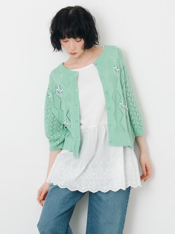 ビーズ花刺繍カーディガン（ベージュ/ミント/キナリ/トップス