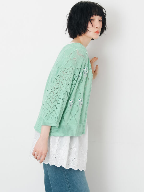 HAND KNIT　3D立体刺繍カーディガン　ミントグリーン　ポンポン　花 HAND KNIT 3D立体刺繍カーディガン ミントグリーン ポンポン 花の通販