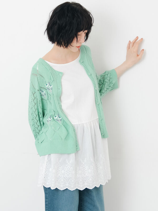 ビーズ花刺繍カーディガン（ベージュ/ミント/キナリ/トップス
