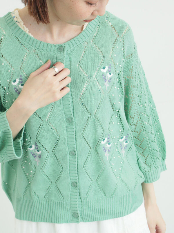ビーズ花刺繍カーディガン（ベージュ/ミント/キナリ/トップス