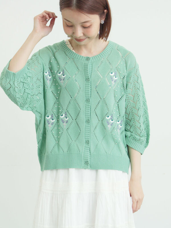 ビーズ花刺繍カーディガン（ベージュ/ミント/キナリ/トップス