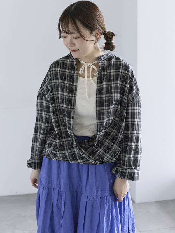まゆみ★新品★サマンサモスモス★blue★スキッパーチェックブラウス 多機能】フリル切替スキッパーシャツ（オフホワイト/ブラック/サックス