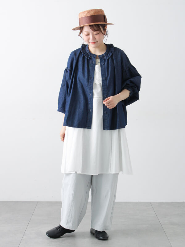 gasa コットンリネン 袖刺繍カットワーク ギャザーブラウス チュニック ホワイト レディース ガサ【中古】4-0802M♪ GLOBAL WORK（グローバルワーク）の「カットワークレースチュニック6分