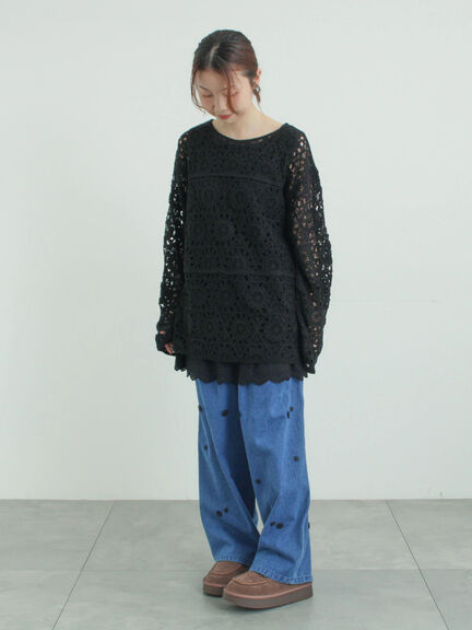 3Dレースモチーフ付きパンツ（サックスブルー/ブルー/キナリ）｜Samansa Mos2（サマンサ モスモス）通販