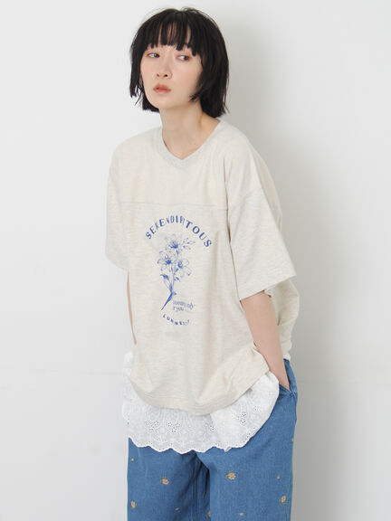 接触冷感】ミニ裏毛切替フラワープリントTシャツ（オフホワイト/グレー