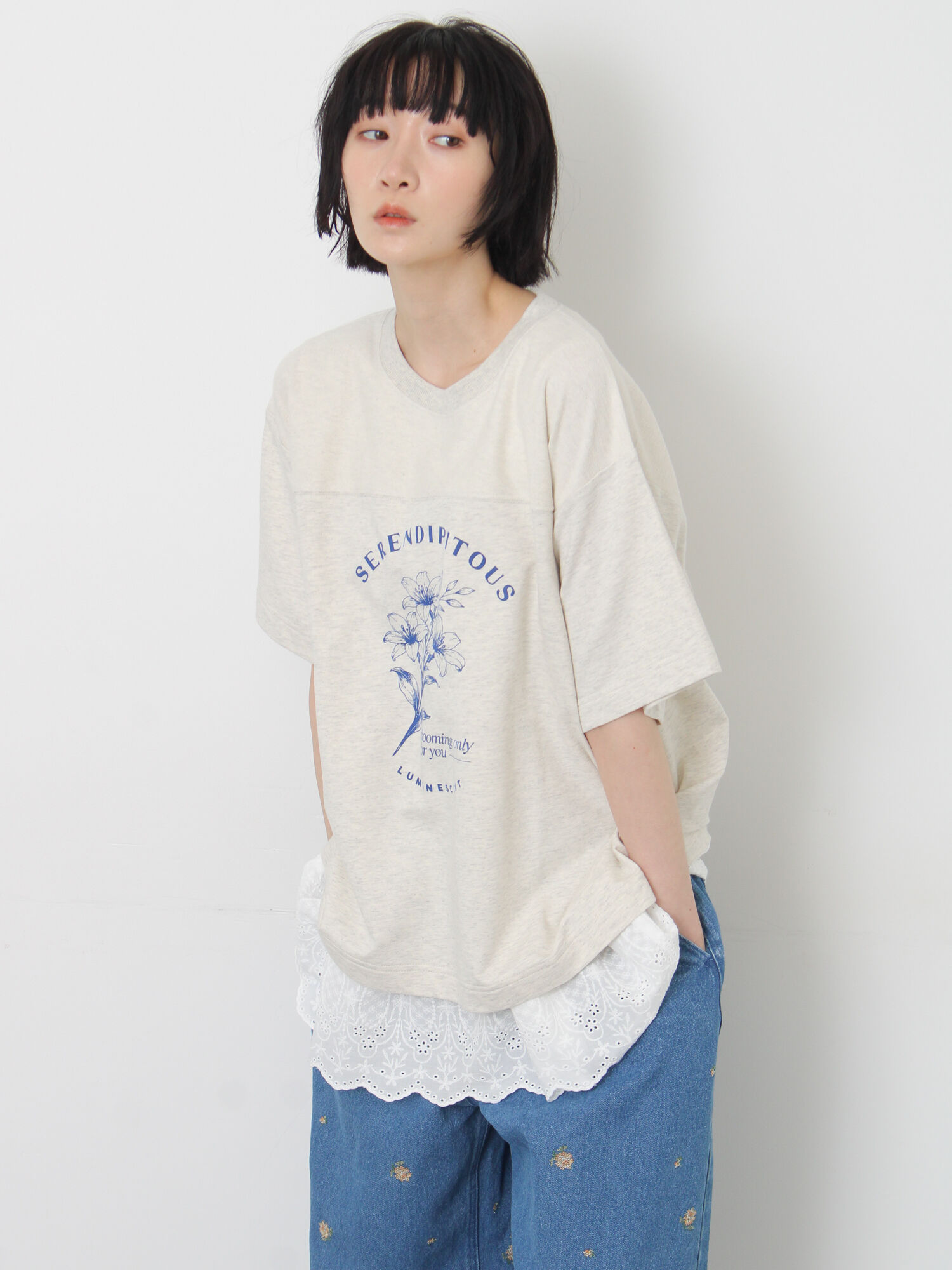 細畑 接触冷感】ミニ裏毛切替フラワープリントTシャツ（オフホワイト/グレー