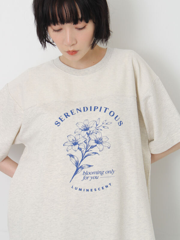 セール】 【接触冷感】ミニ裏毛切替フラワープリントTシャツ（オフ
