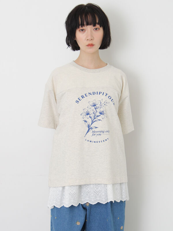 接触冷感】ミニ裏毛切替フラワープリントTシャツ（オフホワイト/グレー
