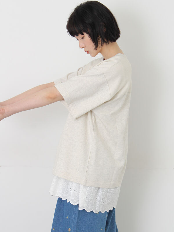 接触冷感】ミニ裏毛切替フラワープリントTシャツ（オフホワイト/グレー