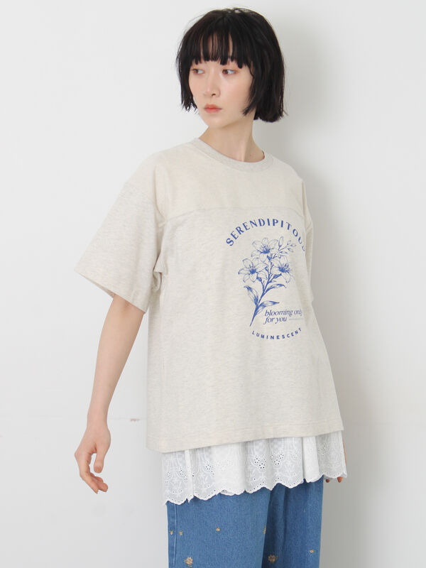 セール】 【接触冷感】ミニ裏毛切替フラワープリントTシャツ（オフ