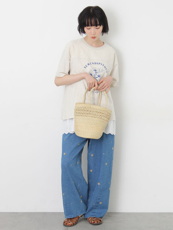 接触冷感】ミニ裏毛切替フラワープリントTシャツ（オフホワイト/グレー