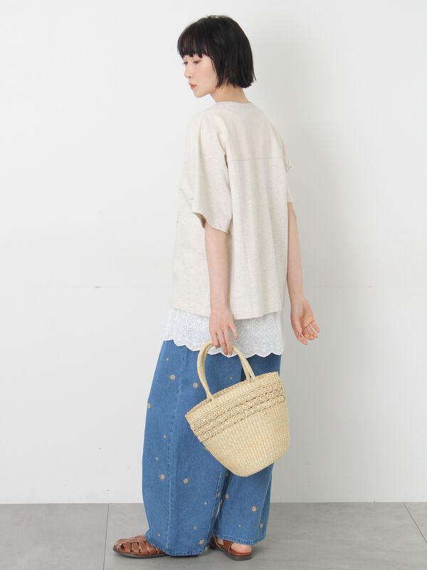 接触冷感】ミニ裏毛切替フラワープリントTシャツ（オフホワイト/グレー