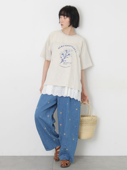 【接触冷感】ミニ裏毛切替フラワープリントTシャツ（オフホワイト/グレー/ベージュ）｜Samansa Mos2（サマンサ モスモス）通販